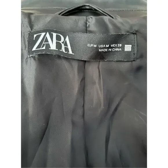 Zara US Medium Black Faux Leather Motorcycle Moto Jacket Pockets - Picture 9 of 13